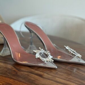 Amina Muaddi Clear Heels with Crystal Embellishments